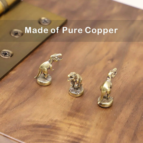 Magnetic Hinge Head T Rex Set Of 3 Miniature Door Topper Figures For Standard Hinges on wood surface, made of copper