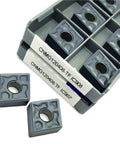 Dude Grab These 10pc Indexable Carbide Lathe Tools With Sharp CNMG Tips For External Turning And CNC Machining Steel Stainless Or Cast Iron Plus Amazing Wear Resistance, two gray indexable tips on a holder.