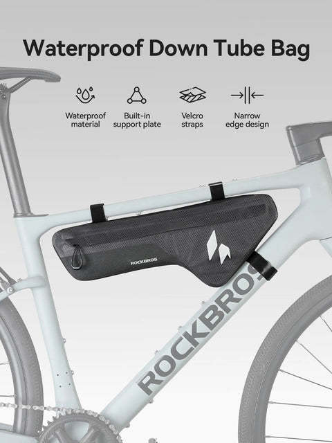 Waterproof Bike Frame Bag With Seamless One Piece Construction Front Bag With Four Sided PP Reinforcement on light gray bike frame