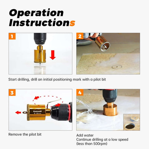 DaduoRi 1-1/4in serrated diamond hole saw with 2 removable pilot bits, shown in tile drilling instruction steps
