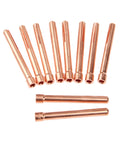 TIG Collet Tips And Bodies Kit For WP17 To WP26 Torch Series, 10 copper pieces, 2.4 mm tungsten replacements, close-up view