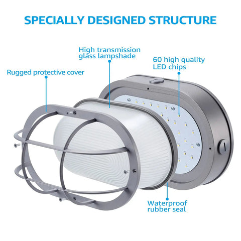 Outdoor 12 Inch LED Bulkhead Light 10W Oval Nautical Marine Wall Fixture showing design features