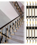 Heavy Duty Adjustable Aluminum Baluster Spindle Kit For Indoor Stair Railing Supports Thirty Seven Point Four Inch Height Eight Piece Set with elegant gold accents.