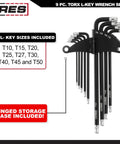 Extra Long Ball End Torx L Key Set 9 Piece With Sizes T10 Through T50 Anti Slip Textured Black Coating Premium S2 Steel