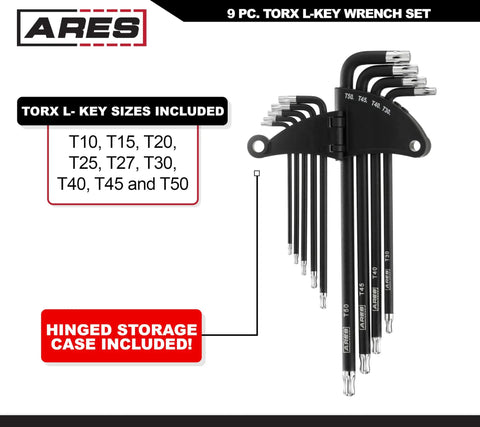 Extra Long Ball End Torx L Key Set 9 Piece With Sizes T10 Through T50 Anti Slip Textured Black Coating Premium S2 Steel