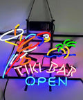 Lit Neon Style Home Beer Bar Sign For Living Room And Bedroom Pub Recreation Room Wall Decor Glass Wall Sign For Parties Birthday Gift Nightstand Bedroom Accent Not LED featuring a parrot and palm tree with 'Tiki Bar Open' text.