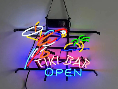 Lit Neon Style Home Beer Bar Sign For Living Room And Bedroom Pub Recreation Room Wall Decor Glass Wall Sign For Parties Birthday Gift Nightstand Bedroom Accent Not LED featuring a parrot and palm tree with 'Tiki Bar Open' text.