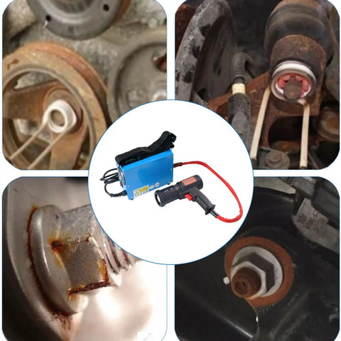 Garage Ready Magnetic Induction Heater Kit 1500W Handheld Flameless Bolt Extractor showcasing rusted bolts and the induction unit.