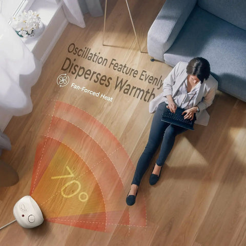 Portable Space Heater With Oscillating Fan And No-Fuss Cooling Mode placed on floor beside a woman, showing 70-degree heat coverage