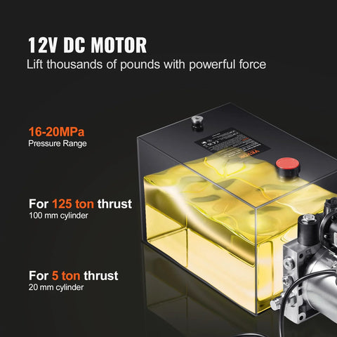 Front view of VEVOR 12V DC hydraulic pump power unit with clear reservoir and yellow fluid