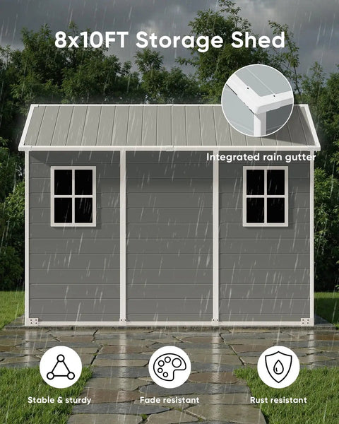 Outdoor Resin Storage Shed 8x10 Ft With Lockable Door Weather Resistant Plastic Garden Tool Shed in rain, grey color.