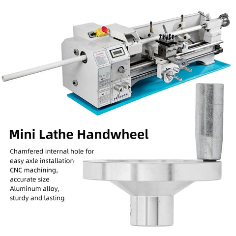 Precision Mini Lathe Handwheel Replacement With Rock Solid Aluminum Handle For 7x10 7x12 7x14 And 0618 Machines installed on lathe, chamfered internal hole for easy axle installation.