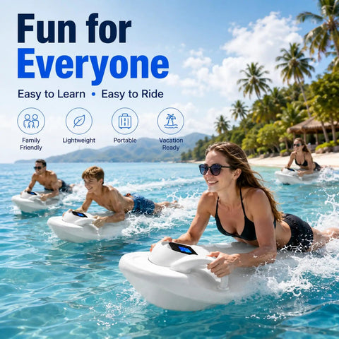 Adults enjoying Dope Electric Hydrofoil Surfboard For Adults Dual Speed Motorized Jetboard with tropical beach backdrop