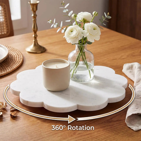 10 Inch Scalloped Marble Lazy Susan Hella Smooth Spinning Kitchen Turntable For Spices Oils And Condiments on wooden table with candle and flowers.