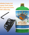 Empty Refillable 1 Pound Propane Tank Cylinder 4 Pack For Camping Backpacking And Hiking Eco Friendly Reusable DOT Compliant Green 16 Ounce Capacity Includes Caps And Allen Keys displayed with cap and Allen key.