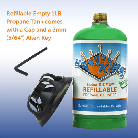Empty Refillable 1 Pound Propane Tank Cylinder 4 Pack For Camping Backpacking And Hiking Eco Friendly Reusable DOT Compliant Green 16 Ounce Capacity Includes Caps And Allen Keys displayed with cap and Allen key.