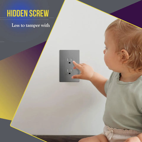 Child touching Screwless Decorator Wall Plate 1-Gang Gray Glossy Outlet Cover, kid safe unbreakable polycarbonate thermoplastic