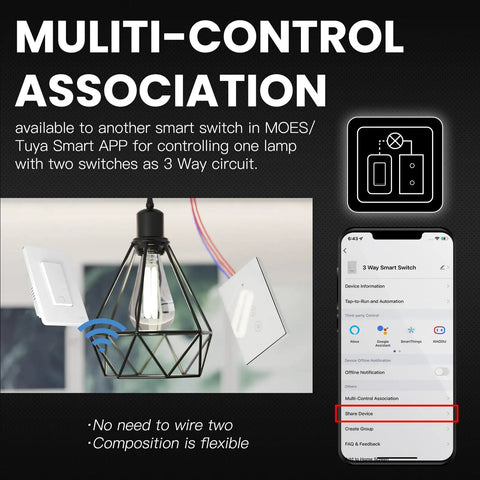 3 Way Smart Light Switch With 2 4Ghz WiFi That Plays Nice With Alexa And Google Home Neutral Wire Required No Hub Needed Single Pole Install Remote Control Via Smart Life App Black 1 Pack demonstrating multi-control setup with mobile app interface.