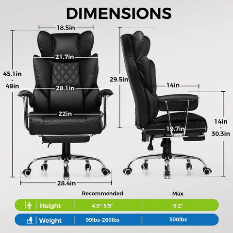 Front and side view of black PU leather ergonomic gaming chair dimensions, featuring pocket spring lumbar support and footrest.