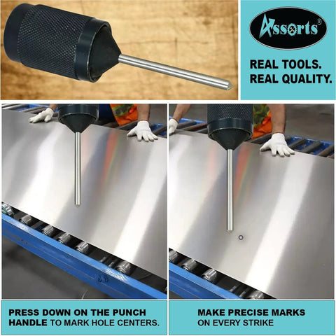 Pro Grade Universal Transfer Punch And Aligner Tool Set for machining on metallic sheet with manual pressure application.