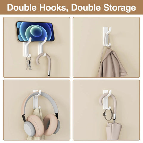 Heavy Duty Adhesive Wall Coat Hooks Four Pack With Double Hooks Stick On Door Hanger Metal Hooks for organizing phones, keys, and more.