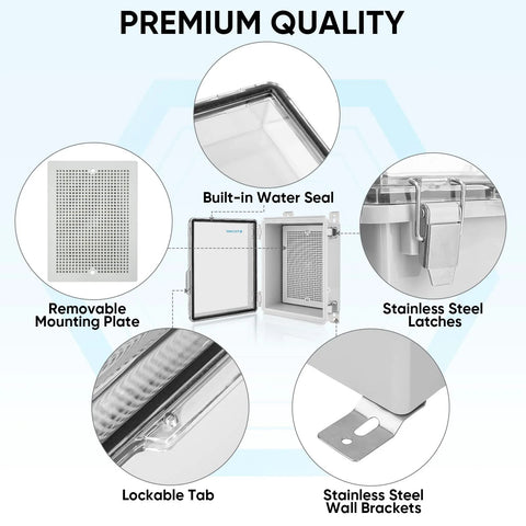 TICONN outdoor IP67 waterproof junction box with clear hinged cover, ABS plastic, includes mounting plate and wall brackets