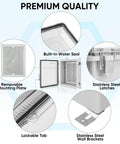 Outdoor Waterproof Electrical Junction Box IP67 ABS Plastic Enclosure with hinged cover, mounting plate, and clear window details