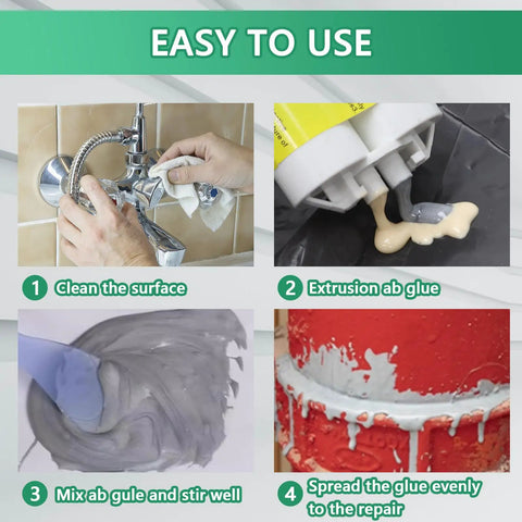 Steps showing use of Heavy Duty Workhorse Metal Repair Epoxy Glue 1.76 Oz Waterproof Two Part Bond for metal surface repair and bonding.