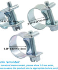 Three stainless steel hose clamps with measurements labeled 0.43"-0.63". Beefy Heavy Duty Fuel Line Clamp Kit Set Of 30 Stainless Steel Hose Clamps For Auto Diesel And Petrol, Adjustable One Quarter, Five Sixteenths, And Three Eighths Inch Size, 360 Degree Seal For Leak Free Performance