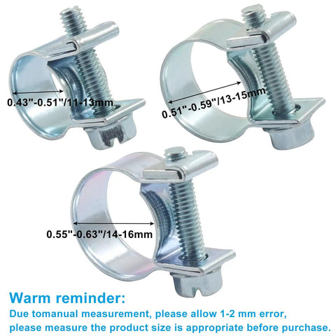 Three stainless steel hose clamps with measurements labeled 0.43"-0.63". Beefy Heavy Duty Fuel Line Clamp Kit Set Of 30 Stainless Steel Hose Clamps For Auto Diesel And Petrol, Adjustable One Quarter, Five Sixteenths, And Three Eighths Inch Size, 360 Degree Seal For Leak Free Performance
