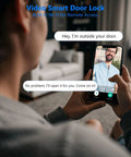 Person using smartphone with WiFi Smart Deadbolt With Handle And Video Peephole For City Pros In Upscale Apartments And Condos features.