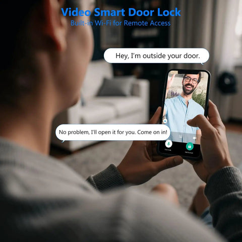 Person using smartphone with WiFi Smart Deadbolt With Handle And Video Peephole For City Pros In Upscale Apartments And Condos features.