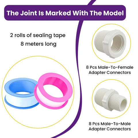 Image of 16 Piece PVC Pipe Fittings Reducer Bushing Coupling From Half Inch To Three Quarter Inch, with PTFE tape and connectors.