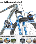 Close-up of 27 Point 5 Inch Mountain Bike With 21 Speeds Lockout Suspension Fork Aluminum Frame Hydraulic Disc Brakes