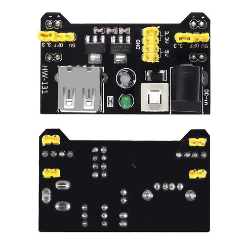 MB102 Solderless Breadboard Power Supply Module 3.3V And 5V With 700mA Output DC 6.5-12V Or USB, top and bottom views