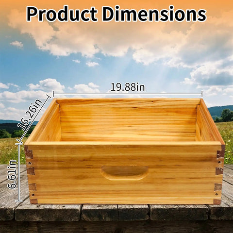 Two Pack 10 Frame Langstroth Medium Super Beehive Box Dipped In Beeswax For Beekeeping Supplies dimensions displayed outdoors