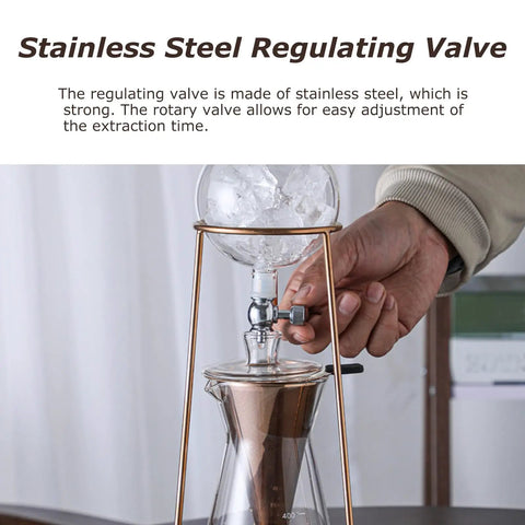 Kickback Cold Brew Dripper Coffee Tower Featuring Adjustable Stainless Steel Drip Valve for precise brewing adjustments.