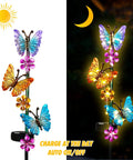 Day and night view of Outdoor Solar Butterfly Stake Lights Waterproof Garden Pathway Decor With Lit Up Soft Yellow Glow 2 Pack