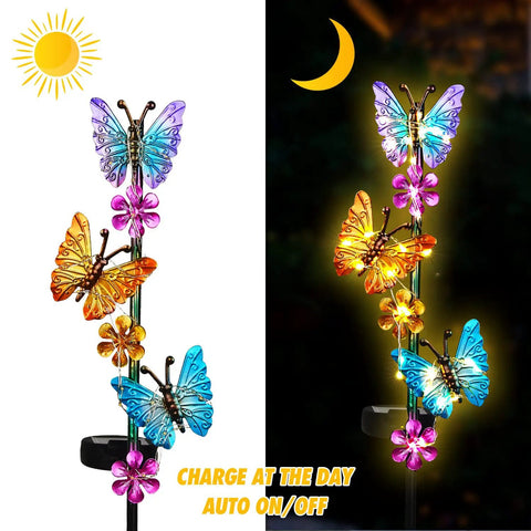 Day and night view of Outdoor Solar Butterfly Stake Lights Waterproof Garden Pathway Decor With Lit Up Soft Yellow Glow 2 Pack