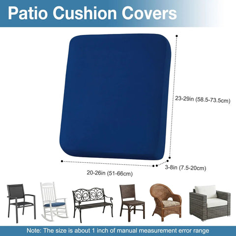 Waterproof Outdoor Cushion Covers For Patio Furniture, 8 Piece Navy Solid Stretch Slipcovers, size details with seating options shown