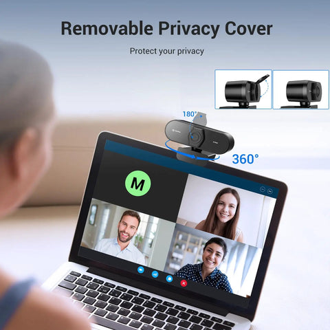 4K Webcam With PDAF Autofocus, Privacy Cover, Dual Mics in use on a laptop during a video call, demonstrating privacy features.