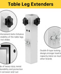 Level Up Your Setup With Four Piece White Metal Table Leg Extenders For Folding Desks Adjustable Height Risers close-up of reinforcement bolts and locking pins.