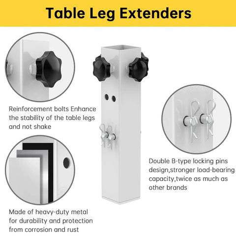 Level Up Your Setup With Four Piece White Metal Table Leg Extenders For Folding Desks Adjustable Height Risers close-up of reinforcement bolts and locking pins.