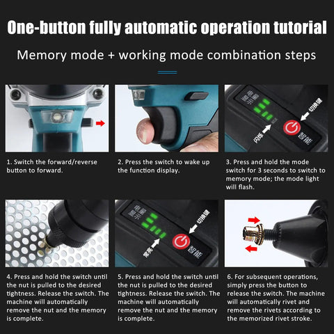 One-button fully automatic operation tutorial for Heavy Duty Cordless Electric Rivet Gun With 5200mAh Dual Batteries.