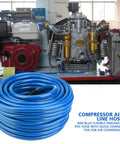 Rock Solid Heavy Duty PVC Air Compressor Hose 2 Pack 30 Meter Length 300 Psi Max Pressure Reinforced Polyester Braid European Quick Connect Couplings Built Tough For The Daily Grind In Any Garage Shop with blue flexible PVC hose.