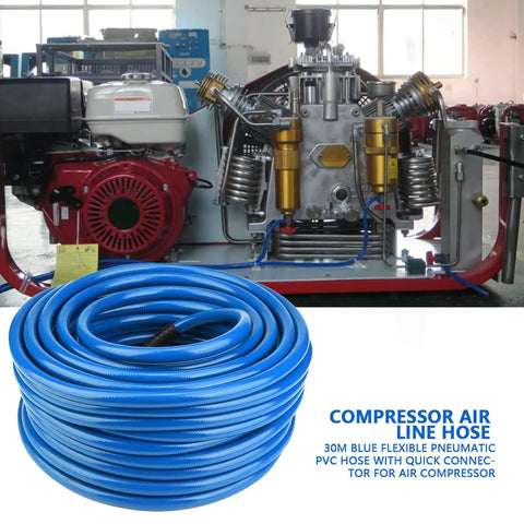 Rock Solid Heavy Duty PVC Air Compressor Hose 2 Pack 30 Meter Length 300 Psi Max Pressure Reinforced Polyester Braid European Quick Connect Couplings Built Tough For The Daily Grind In Any Garage Shop with blue flexible PVC hose.