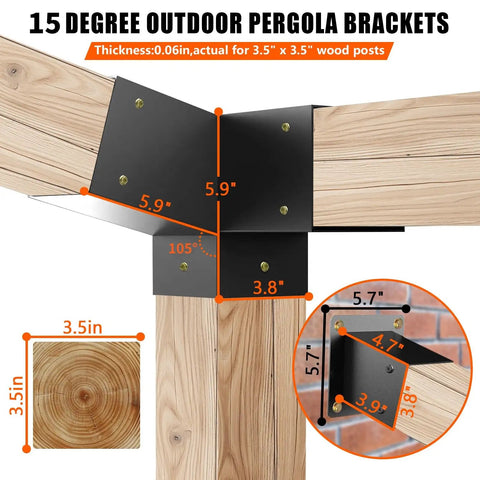 15 Degree Slanted Roof Pergola Brackets Kit, 3 Way Right Angled Corner Brackets With Wall Mount Post Base For 4x4 Posts, Outdoor Pergolas Gazebos Porches, Heavy Duty Steel, Black Galvanized Matte Finish, Built Tough, 4 Pack