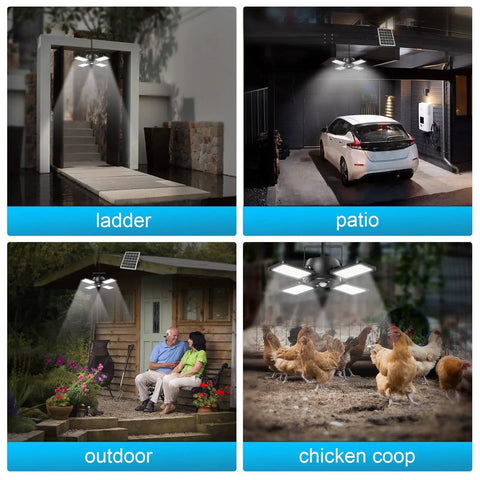 Solar Motion Sensor Shed Light With 4 Heads 144 LEDs 1200 Lumens illuminating various outdoor spaces including a patio and chicken coop.