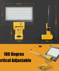Cordless LED Work Light With 48W Output And 5760 Lumens showing dimensions and 180-degree vertical adjustment feature.