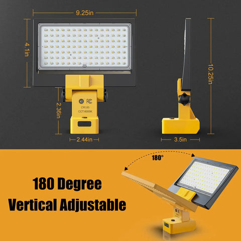 Cordless LED Work Light With 48W Output And 5760 Lumens showing dimensions and 180-degree vertical adjustment feature.